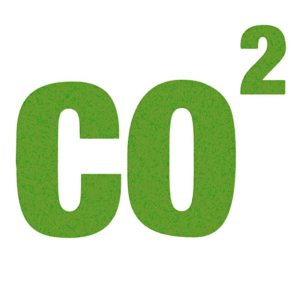Scritta "CO2" in verde con sfondo bianco; riferimento alle emissioni